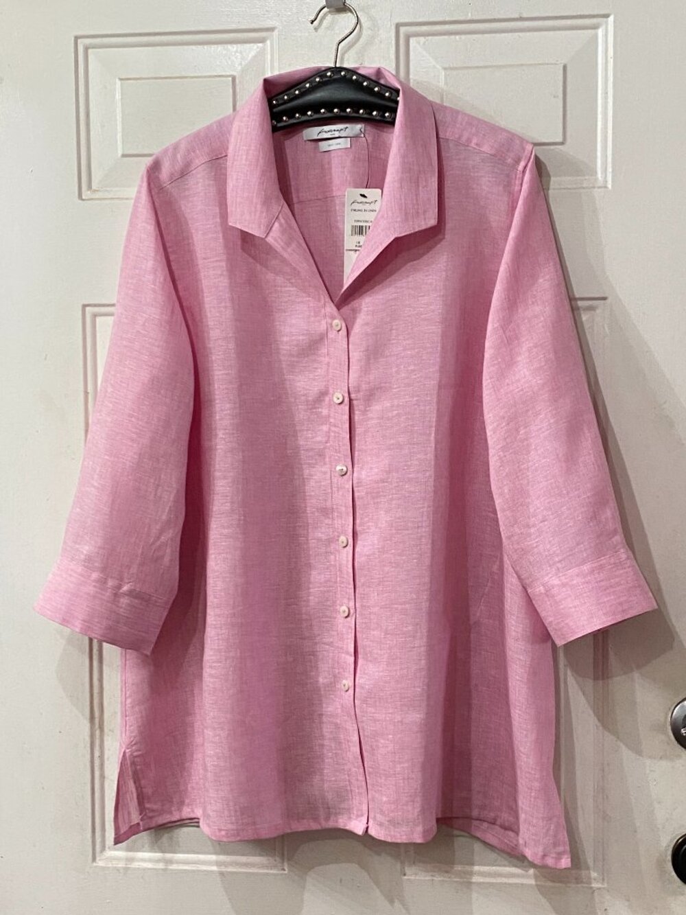 NWT Foxcroft Stirling Linen Sz 18 XL Pure Pink Blouse Button Up Tunic 3/4 Sleeve